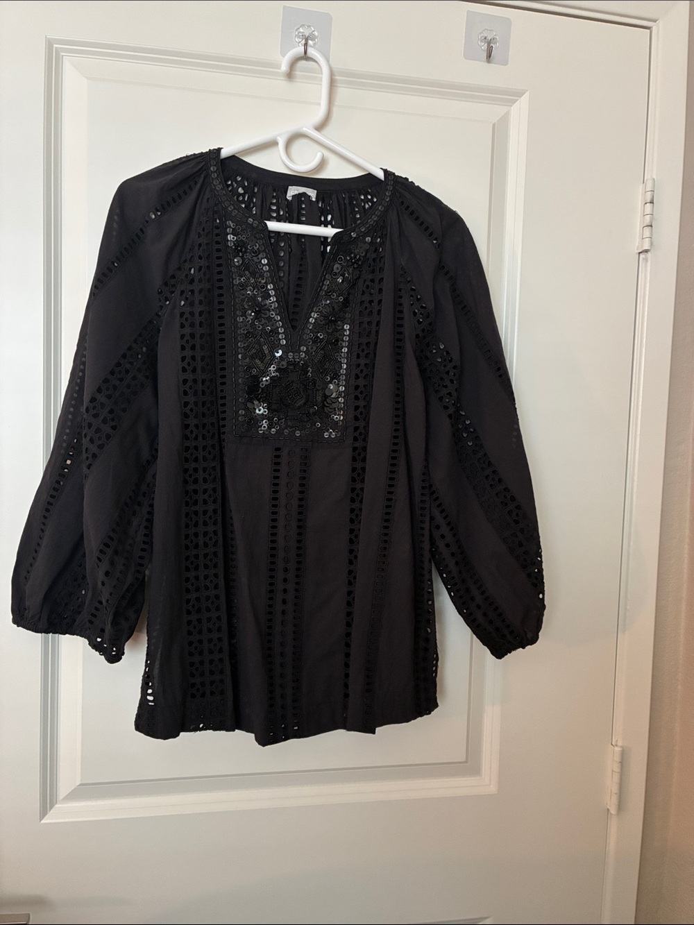 Chico’s Black Embellished Eyelet Peasant Blouse - Women
